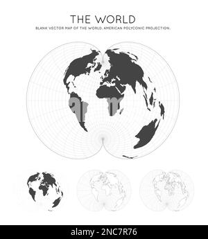 Karte der Welt. Amerikanische polykonische Projektion. Globus mit Breiten- und Längengraden. Weltkarte auf Meridianen und Parallelen Hintergrund. Stock Vektor
