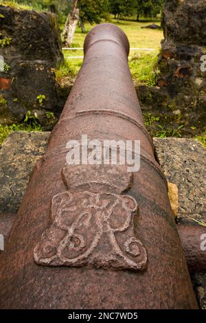 Sie haben britische Kanonen in den Ruinen von Fort San Lorenzo, an der Mündung des Chagres River, an der karibischen Küste von Panama, in der Nähe von Colon gefangen. Diese Kanone ist ein Bär Stockfoto