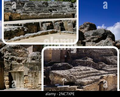 Das Amphitheater von Italica, eine der ersten römischen Kolonien in Spanien (Sevilla), war auch der Geburtsort von zwei wichtigen Kaisern, Trajan und Hadrian Stockfoto