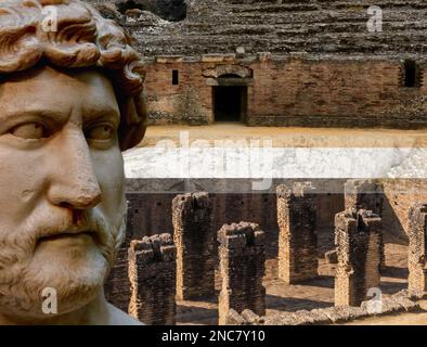 Das Amphitheater von Italica, eine der ersten römischen Kolonien in Spanien (Sevilla), war auch der Geburtsort von zwei wichtigen Kaisern, Trajan und Hadrian Stockfoto