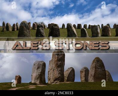 Die Ale Stones sind ein megalithisches Grabmal in Scania, im Süden Schwedens. Es ist der Ort, an dem der Wikingerführer Ale begraben ist Stockfoto