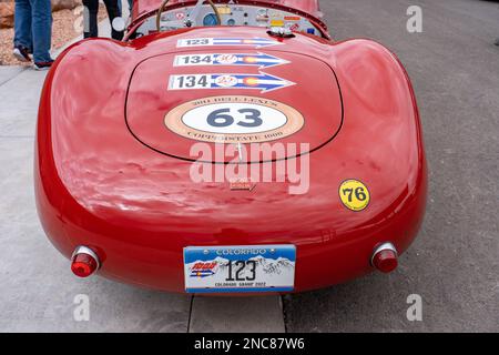 Rückansicht eines seltenen Maserati A6 GCS-Rennwagens aus dem Jahr 1954 bei der Colorado Grand Road Rallye. Stockfoto