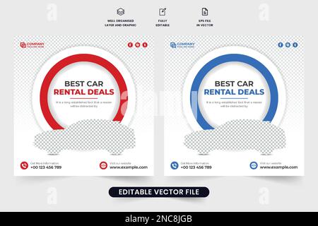 Vektor für kreative Werbeaktion für Autovermietungen mit Platzhaltern für Fotos. Mieten Sie ein Auto, Unternehmen, Werbevorlage in Rot und Blau. Stock Vektor