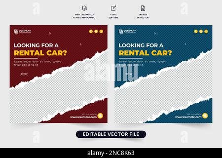 Kreatives Design der Marketingvorlage für Autovermietungen in Rot und Blau. Mieten Sie ein Werbeposter mit Platzhaltern für Fotos. Fahrzeug Stock Vektor