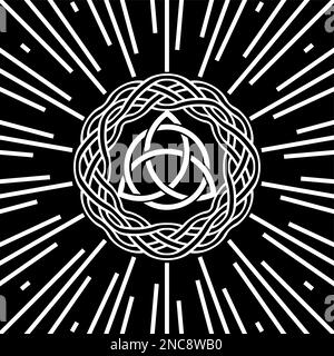 Triquetra, Trinity Knot, Wiccan-Symbol zum Schutz. Vektorweiß keltischer dreifaltigkeitsknoten isoliert auf schwarzem Hintergrund. Kreisförmiges Wiccan-Logo Stock Vektor