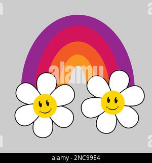 Retro-Groovy-Regenbogen mit Gänseblümchen-Grafikelement, isoliertem Vektordesign. Dekorative 70s-Retro-Regenbogen-Illustration. Ein Hippie-Symbol aus den 70er Jahren. Vin Stock Vektor