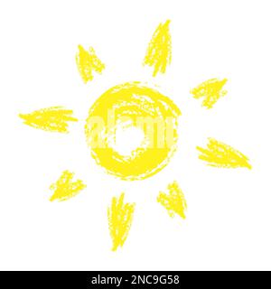Vektordarstellung der Sonne. Handgezeichnete Sonnenskreide oder Buntstift. Logo, Symbol, Schild, Emblem. Vektor im Zeichentrickfilm-Kinderstil. Für PRI Stock Vektor