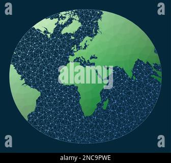 Kommunikationskarte der Welt. Modifizierte stereographische Miller-Projektion. Grüne, niedrige Poly-Welt mit Netzwerkhintergrund. Elegante, vernetzte Welt für mich Stock Vektor