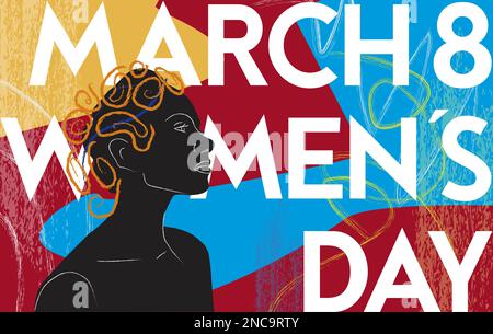 Grußkartenvorlage für den Frauentag. Abstrakte weibliche Silhouette mit Primärfarben Grunge Hintergrund, Gesicht mit künstlerischen Pinsellinien und Zitat Stock Vektor