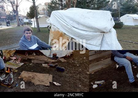 Diyarbakir, Türkei. 11. Februar 2023. Ein Mann, der sich kein Zelt leisten konnte, wird vor seinem primitiven Zelt gesehen, das er selbst nach dem Erdbebenwrack gebaut hat. 7 Gebäude in der Stadt wurden vollständig zerstört. Die Rettungsarbeiten in der Stadt wurden 9 Tage nach dem Erdbeben abgeschlossen. Die Zahl der Todesopfer erreichte 344. Es gibt fast 1000 Verletzte. In Diyarbakir gibt es insgesamt 307 Gebäude, von denen 26 zerstört werden, 25 sofort abgerissen werden müssen und 261 schwer beschädigt sind. Etwa 250.000 Menschen können ihr Zuhause nicht betreten. Sie leben entweder in Zeltstädten oder in sicheren Unterkünften Stockfoto