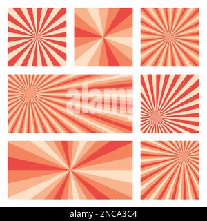 Fantastische Sonnen-Hintergrundkollektion. Abstrakte Abdeckungen mit radialen Strahlen. Trendige Vektordarstellung. Stock Vektor
