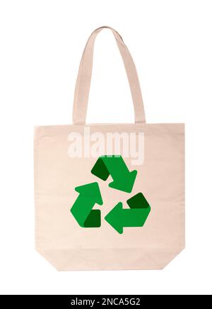 Eco-Beutel mit Recycling-Symbol auf weißem Hintergrund Stockfoto