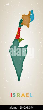 Israelische Karte. Länderposter mit farbigen Bereichen. Alte Grunge-Textur. Vektordarstellung von Israel mit Ländername. Stock Vektor
