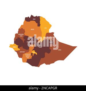 Äthiopien: Politische Karte der Verwaltungsabteilungen - Regionen und Charterstädte. Flache Vektorzuordnung mit Namensbezeichnungen. Braun - orangefarbenes Farbschema. Stock Vektor