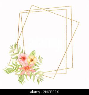 Aquarelle tropische Blumenvorlagen - Bouquet und goldener Rahmen. Grüne Blätter, rote Blumen und goldene Umrandung. Für Hochzeitsgeschirr, Grüße, Wallp Stockfoto