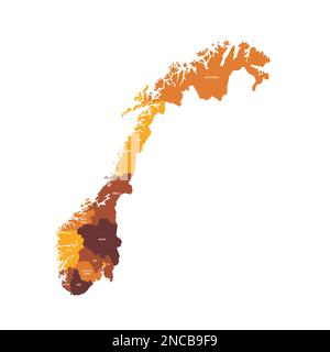 Norwegische politische Karte der Verwaltungsabteilungen - Bezirke und autonome Stadt Oslo. Flache Vektorzuordnung mit Namensbezeichnungen. Braun - orangefarbenes Farbschema. Stock Vektor