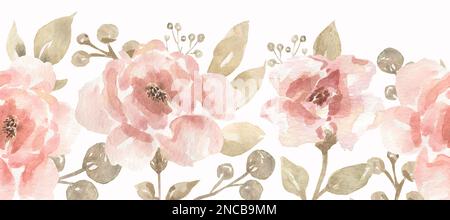 Aquarelle Korallenblüten und hinterlässt nahtlose Ränder. Reproduzierbare Pfingstrose und hinterlässt einen Strauß in neutralen Farben. Botanisches Naturdesign. Bohemian s Stockfoto