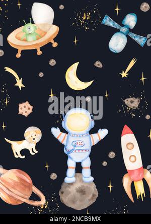 Aquarell-Weltraumelemente: Sterne, Planet, Mond, Astronaut, Raumschiff, Hund, Alien-Illustration. Posterset „Planeten des Sonnensystems“. Weltraum des Universums. Stockfoto