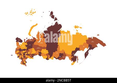 Russische politische Karte der Verwaltungseinheiten - Oblasten, Republiken, autonome Okrugs, Krais, autonome Oblast und 2 Bundesstädte Moskau und Sankt Petersburg. Flache Vektorzuordnung mit Namensbezeichnungen. Braun - orangefarbenes Farbschema. Stock Vektor