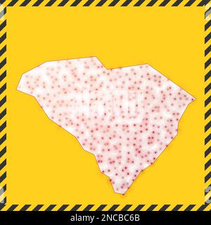 South Carolina geschlossen - Virus Gefahrenzeichen. Symbol „Sperre US-Bundesstaat“. Schwarz gestreifter Rand um die Karte mit Virenverbreitungskonzept. Vektorabbildung. Stock Vektor