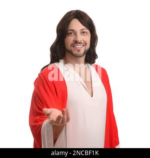 Jesus Christus streckt seine Hand auf weißem Hintergrund aus Stockfoto