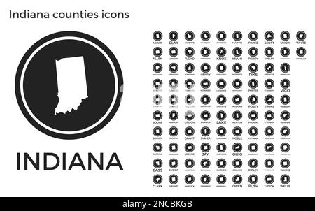 Ikonen der Indiana Counties. Schwarze runde Logos mit Karten und Titeln der US-Bundesstaaten. Vektordarstellung. Stock Vektor