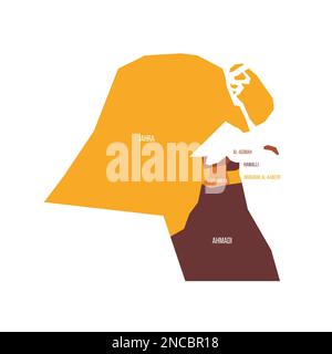 Politische Karte der Verwaltungseinheiten Kuwait - Gouverneure. Flache Vektorzuordnung mit Namensbezeichnungen. Braun - orangefarbenes Farbschema. Stock Vektor