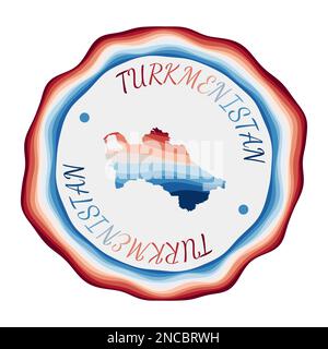 Turkmenistan-Abzeichen. Landkarte mit wunderschönen geometrischen Wellen und leuchtendem rot-blauem Rahmen. Lebendiges rundes Turkmenistan-Logo. Stock Vektor