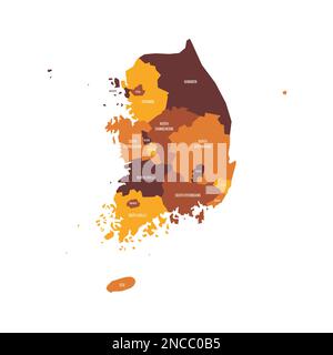 Südkorea politische Karte der Verwaltungseinheiten - Provinzen, Metropolstädte, Sonderstadt Seolu und besondere selbstverwaltende Städte in Sejong. Flache Vektorzuordnung mit Namensbezeichnungen. Braun - orangefarbenes Farbschema. Stock Vektor