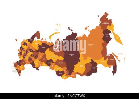 Russische politische Karte der Verwaltungseinheiten - Oblasten, Republiken, autonome Okrugs, Krais, autonome Oblast und 2 Bundesstädte Moskau und Sankt Petersburg. Flache Vektorzuordnung mit Namensbezeichnungen. Braun - orangefarbenes Farbschema. Stock Vektor
