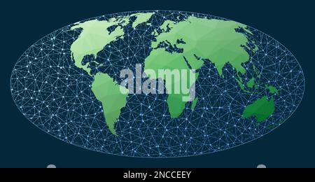 Abstrakte Karte des weltweiten Netzwerks. Mollweide-Projektion. Grüne, niedrige Poly-Welt-Karte mit Netzwerkhintergrund. Hervorragende vernetzte Welt für Infografiken oder Vors. Stock Vektor