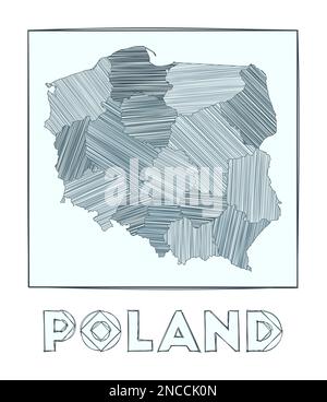 Skizzieren Sie die Karte von Polen. Handgezeichnete Grauskala-Landkarte. Regionen mit Hachurestreifen gefüllt. Vektordarstellung. Stock Vektor