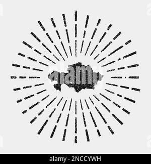 Alte Karte von Kasachstan. Grunge-Sonnenaufgang im ganzen Land. Schwarze kasachische Form mit Sonnenstrahlen auf weißem Hintergrund. Vektordarstellung. Stock Vektor