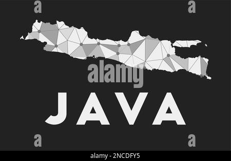 Java - Karte des Kommunikationsnetzwerks der Insel. Trendiges geometrisches Java-Design auf dunklem Hintergrund. Technologie, Internet, Netzwerk, Telekommunikationskonzept. Stock Vektor Java - Karte des Kommunikationsnetzwerks der Insel. Trendiges geometrisches Java-Design auf dunklem Hintergrund. Technologie, Internet, Netzwerk, Telekommunikationskonzept. Stock Vektor