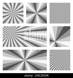 Künstlerische Kollektion mit sonnigen Hintergrundbildern. Abstrakte Abdeckungen mit radialen Strahlen. Fantastische Vektordarstellung. Stock Vektor