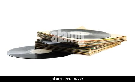 Ein Stapel klassischer Schallplatten auf weißem Hintergrund Stockfoto