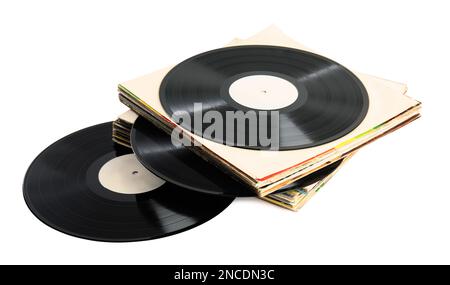 Ein Stapel klassischer Schallplatten auf weißem Hintergrund Stockfoto