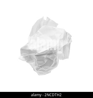 Zerknittertes Blatt Papier, isoliert auf weiß, Draufsicht Stockfoto