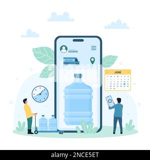 Vektordarstellung der Wasserzufuhr zur Haustür. Cartoon winzige Leute bestellen und kaufen Plastikflaschen mit sauberem Trinkwasser über die mobile App im Handy, Arbeiter mit einem großen Wagen für Kühlbox Stock Vektor
