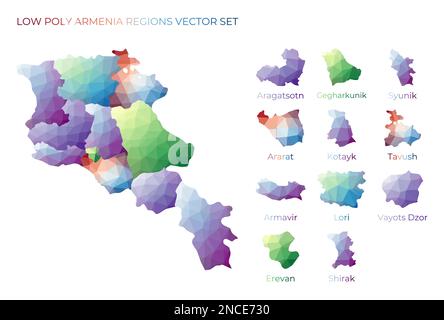 Armenische Niederpoly-Regionen. Polygonale Landkarte Armeniens mit Regionen. Geometrische Karten für Ihr Design. Kreative Vektordarstellung. Stock Vektor