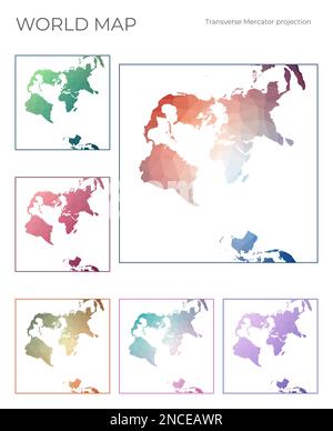 Niedrige Poly-Welt-Karte Eingestellt. Transversale sphärische Mercatorprojektion. Sammlung der Weltkarten im geometrischen Stil. Vektordarstellung. Stock Vektor