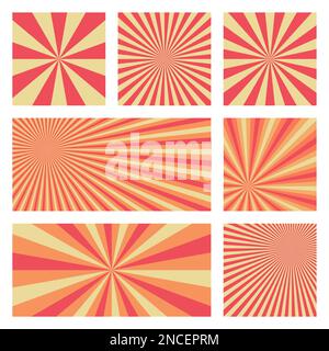 Fantastische Sonnen-Hintergrundkollektion. Abstrakte Abdeckungen mit radialen Strahlen. Stilvolle Vektordarstellung. Stock Vektor