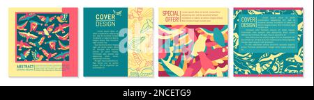 Abstraktes Flying Bird Modeset mit Cover oder quadratischem Kartendesign. Exotisch gefärbtes Muster, Notizbuchplaner mit Taube, Spatz. Broschüre Social-Media-Katalog. Dekorativer Seitenhintergrund Stock Vektor