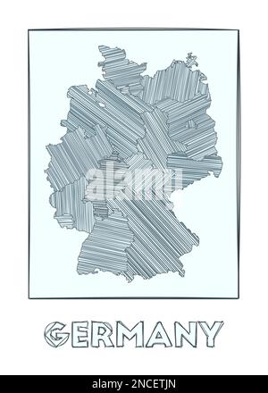 Skizzenkarte von Deutschland. Handgezeichnete Grauskala-Landkarte. Regionen mit Hachurestreifen gefüllt. Vektordarstellung. Stock Vektor