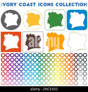 Ikonen-Kollektion der Elfenbeinküste. Bunte, trendige Kartensymbole. Modernes Abzeichen der Elfenbeinküste mit Landkarte. Vektorabbildung. Stock Vektor
