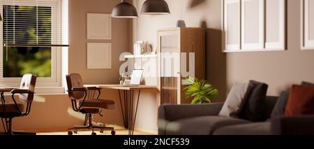 Modernes und komfortables Studiodesign mit Arbeitsplatz, Sessel, komfortabler Couch und Einrichtung. 3D-Rendering, 3D-Abbildung Stockfoto