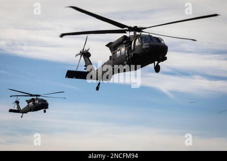 Zwei US-Dollar Army UH-60m Black Hawk Helikopter mit dem 1. Bataillon, 150. Assault Helicopter Regiment, New Jersey Army National Guard, bereiten sich auf die Landung vor während eines Luftangriffs auf der Joint Base McGuire-Dix-Lakehurst, New Jersey, 10. Februar 2023. Mehr als 350 Soldaten des 1. Bataillons, des 114. Infanterie-Regiments, des 44. Infanterie-Brigade-Kampfteams der Nationalgarde der New Jersey Army nahmen an einem Luftangriff und einer Feldübung Teil, um die Rotation der Einheit zum Joint Readiness Training Center in Fort Polk, Louisiana, im weiteren Verlauf dieses Jahres vorzubereiten. (Foto der Nationalgarde von New Jersey Stockfoto