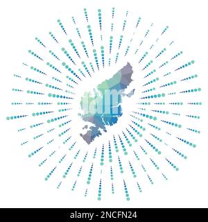 Form von Lewis und Harris, polygonaler Sonnenaufgang. Karte der Insel mit farbenfrohen Sternenstrahlen. Stock Vektor