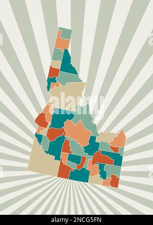 Idaho-Karte. Poster mit Karte des US-Bundesstaates in Retro-Farbpalette. Idaho-Form mit Sonnenstrahlen-Hintergrund. Vektordarstellung. Stock Vektor