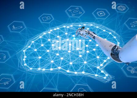 KI-Technologiekonzept mit 3D-Rendering-Roboter mit ai-Gehirn Stockfoto